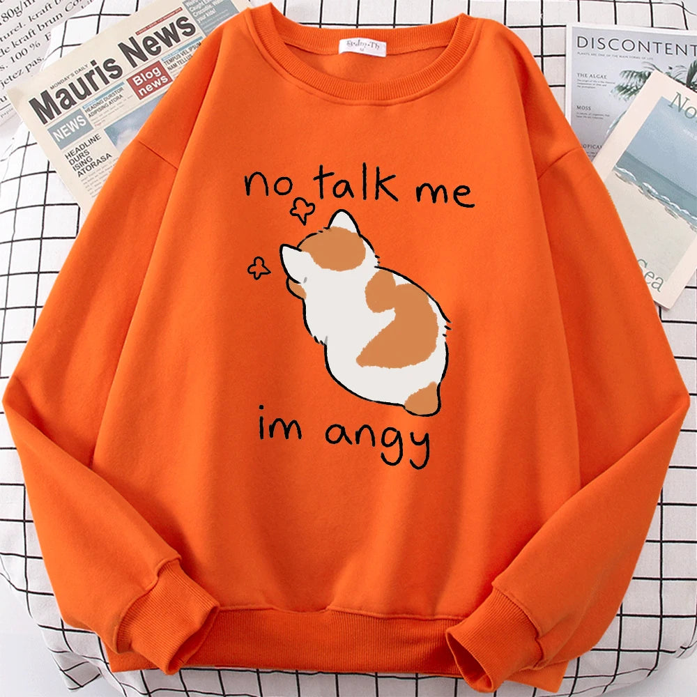 Female Sweatshirts No Talk Me Cute Angy Cat Print Top Women Harajuku Oversize Long-Sleeve Kawaii Animal 2024 New Lady Sweatshirt