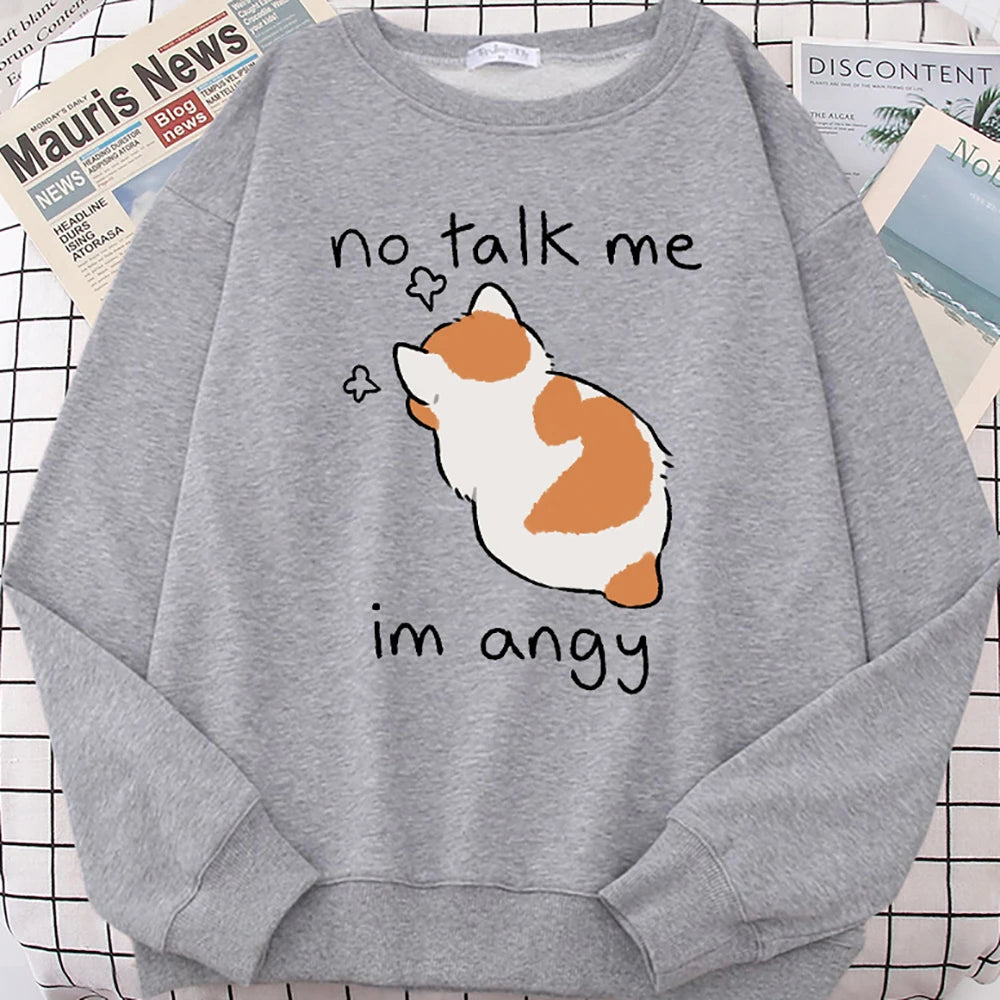 Female Sweatshirts No Talk Me Cute Angy Cat Print Top Women Harajuku Oversize Long-Sleeve Kawaii Animal 2024 New Lady Sweatshirt