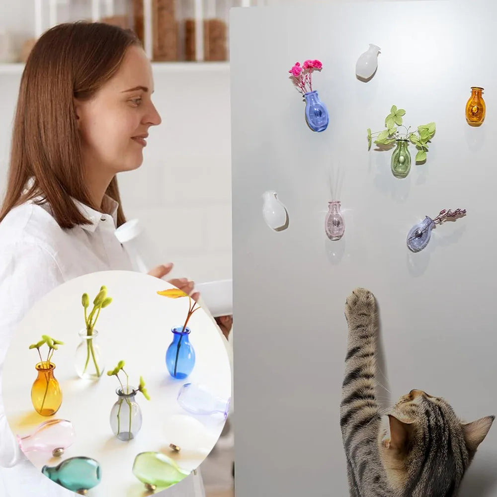 1Pc Cat Whiskers Mini glass Vases Magnetic Tiny Vases Refrigerator Decor Small Plant Kitchen Office Cat Dog Whisker Holder gift