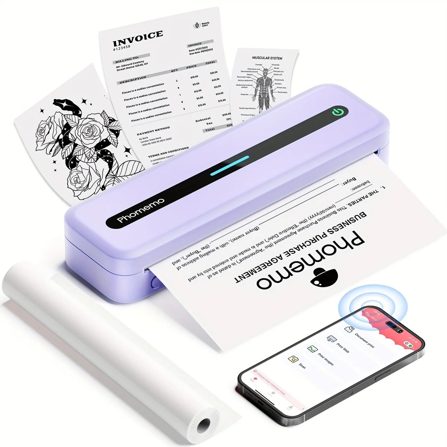 Portable Printers Wireless for Thermal Printer Bluetooth Inkless Printer Compatible with Phone and Laptop for Home Office,School
