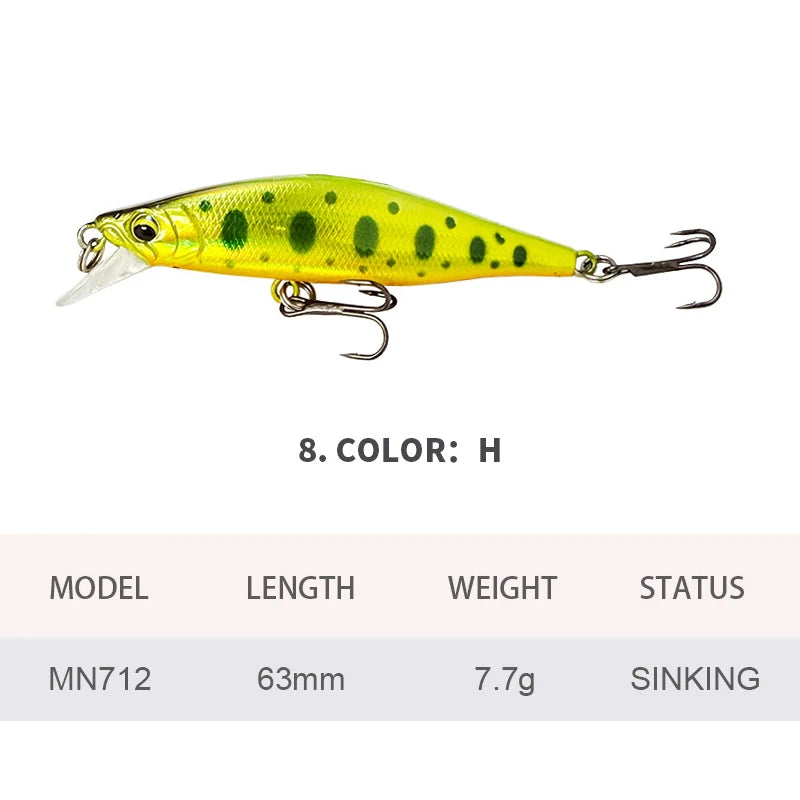 6.3cm 7.7g Fishing Lures Sinking Minnow Wobbler Long Casting Artificial Hard Bait Jerkbait Fishing Accessories Trout Bass MN712