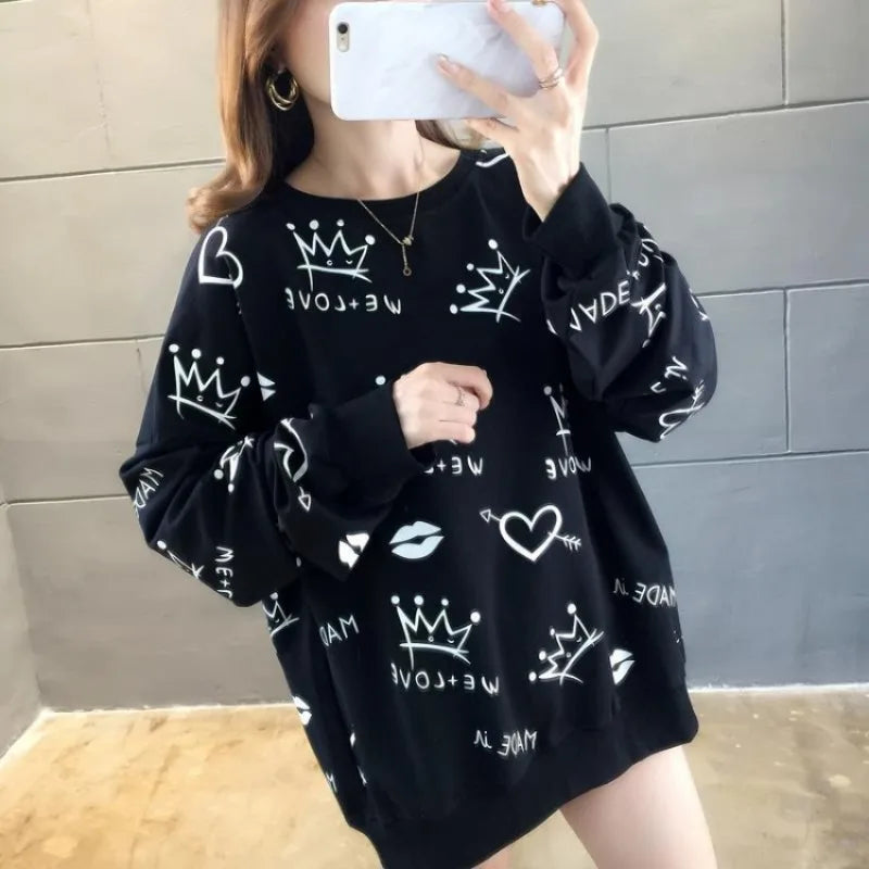 Women's Sweatshirts Black Youthful Clothes Emo Sport Korean Streetwear Y2k Japanese New In Plus Size Female Pullover Top Graphic