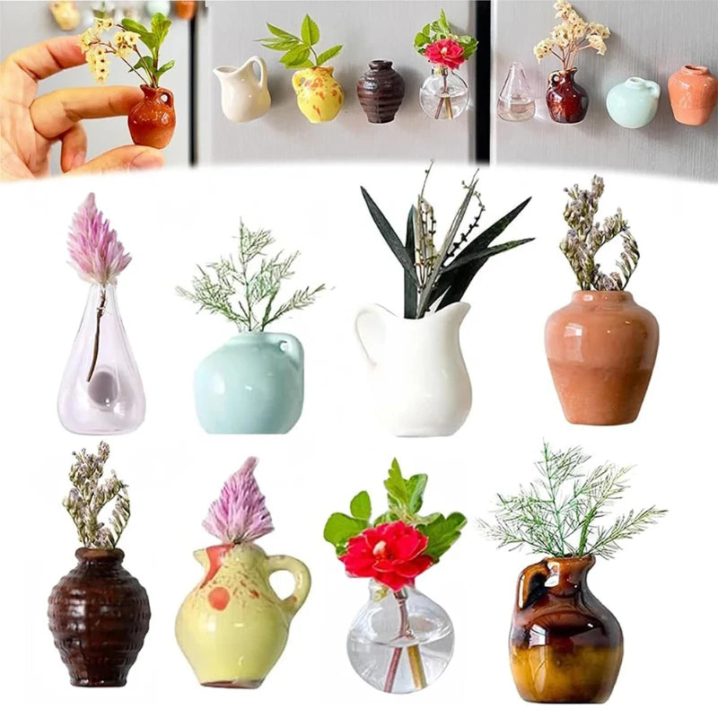 8 Mini Magnetic Vases-for Decorative Small Fridge Magnets Ideal for Kitchens,Offices and Lockers,Vase Decorations(Random Style)