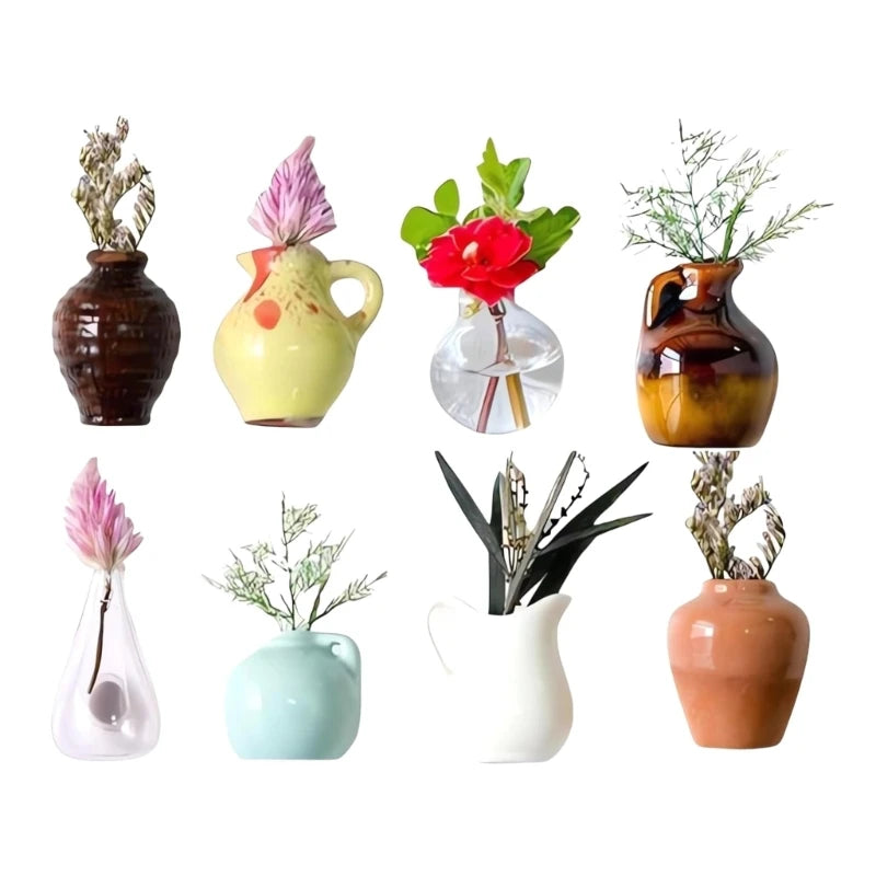 8Pcs (no plant) Mini Ceramics Vases Magnets Strong Magnetic Hold Buds Vases Magnets for Fridge Decoration and Office Use
