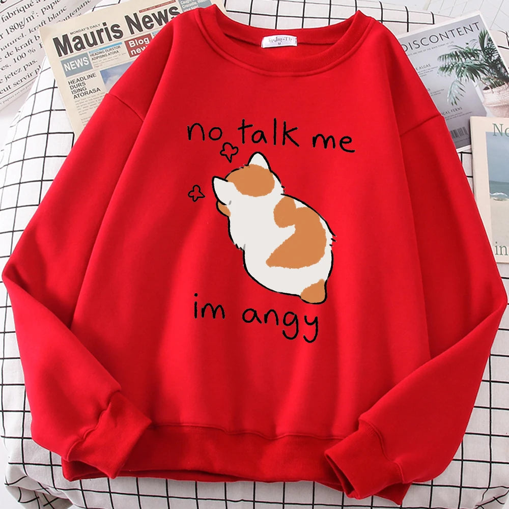 Female Sweatshirts No Talk Me Cute Angy Cat Print Top Women Harajuku Oversize Long-Sleeve Kawaii Animal 2024 New Lady Sweatshirt