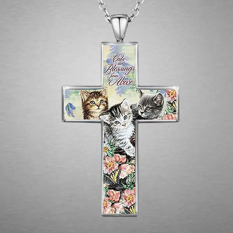 Trendy Cute Three Cats Cross Pendant Necklace for Kid Christian Religious Jewelry Accessories for Friend Birthday Gift Ожерелье