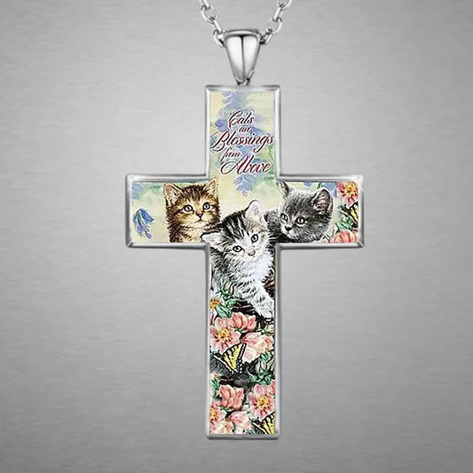 Trendy Cute Three Cats Cross Pendant Necklace for Kid Christian Religious Jewelry Accessories for Friend Birthday Gift Ожерелье