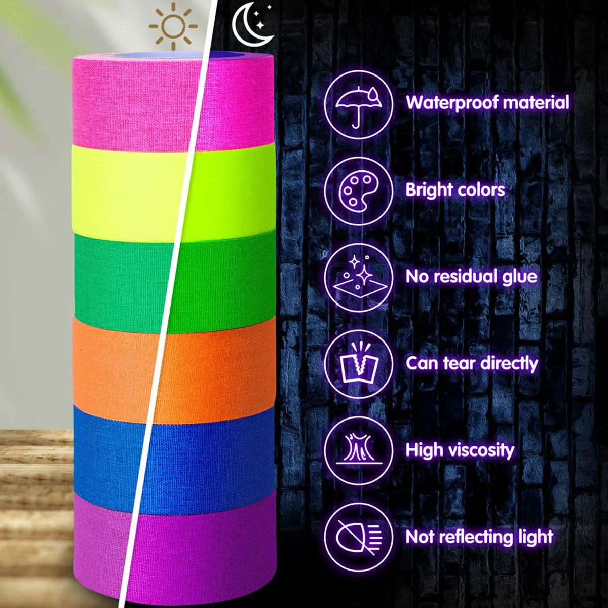 6-Pack Neon Fluorescent Tape Set 6 Vibrant Colors Uv Reactive For Black Light Parties & Crafts