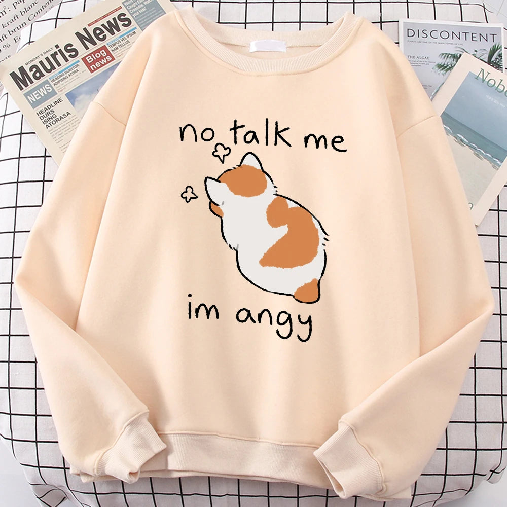 Female Sweatshirts No Talk Me Cute Angy Cat Print Top Women Harajuku Oversize Long-Sleeve Kawaii Animal 2024 New Lady Sweatshirt