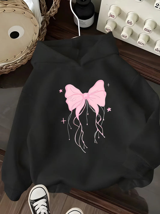 Girls Hooded Sweatshirt  American Bow Pattern Loose Pullover Fun Print Design for Girls Casual Long Sleeve Pullover with Pockets
