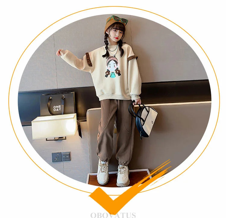New Sweatshirt for Kids Girl Spring Fashion Ruffle Long Sleeve Tops Girl Cartoon Pattern Clothes Teenage Child Casual Streetwear