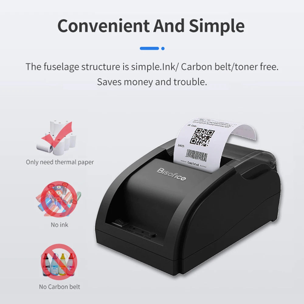Wireless Barcode Printer USB BT Printer 58mm Desktop Thermal Receipt Printer with 1 Roll Paper Inside Support ESC Command