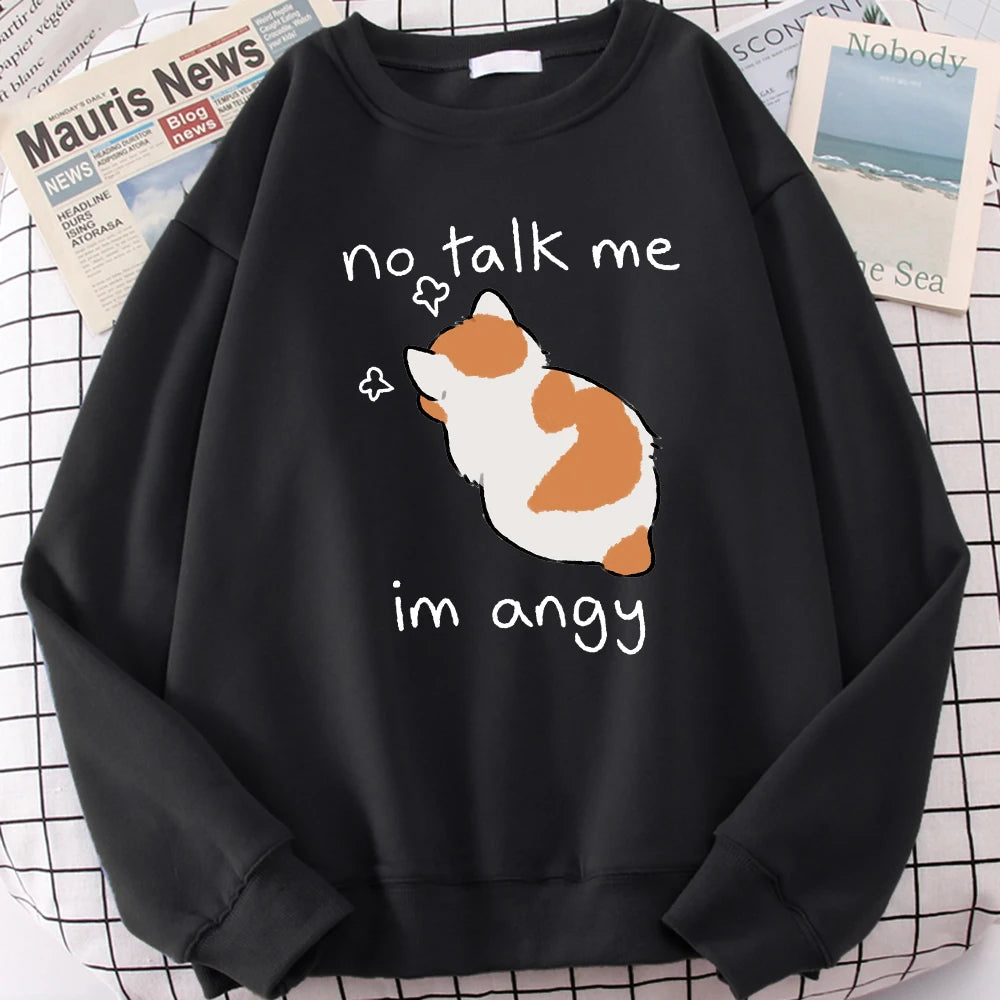 Female Sweatshirts No Talk Me Cute Angy Cat Print Top Women Harajuku Oversize Long-Sleeve Kawaii Animal 2024 New Lady Sweatshirt