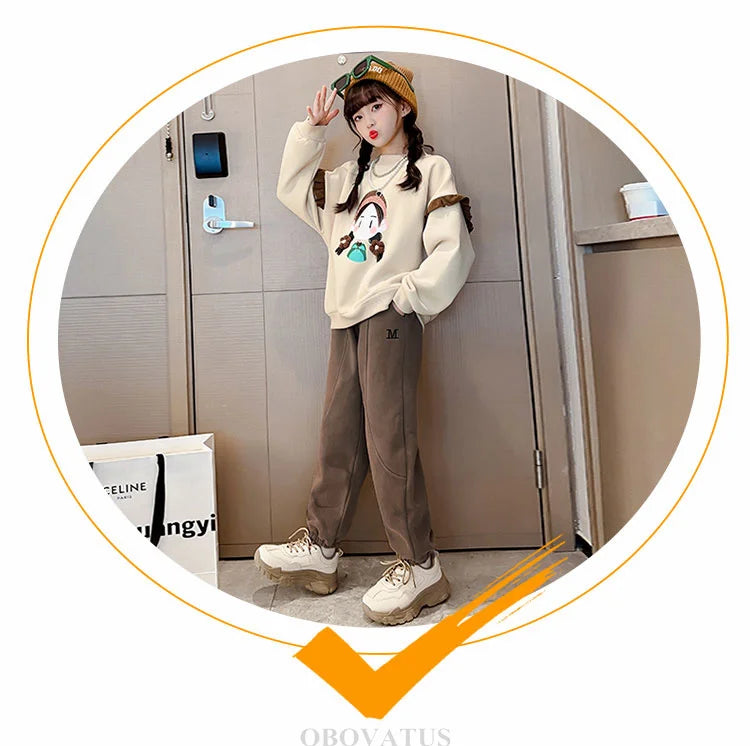 New Sweatshirt for Kids Girl Spring Fashion Ruffle Long Sleeve Tops Girl Cartoon Pattern Clothes Teenage Child Casual Streetwear
