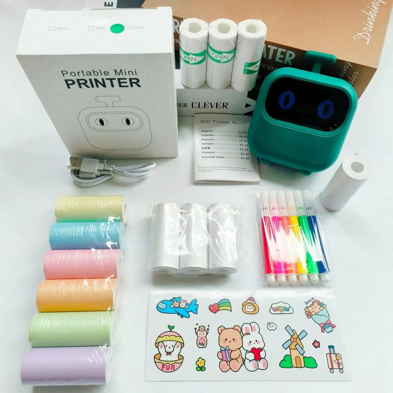 Wireless Mini Printer Set with 6 Color Thermal Papers, 3 Sticker Rolls, 3 Receipt Papers, 6 Pens & Sticker Sheet - Portable Labe