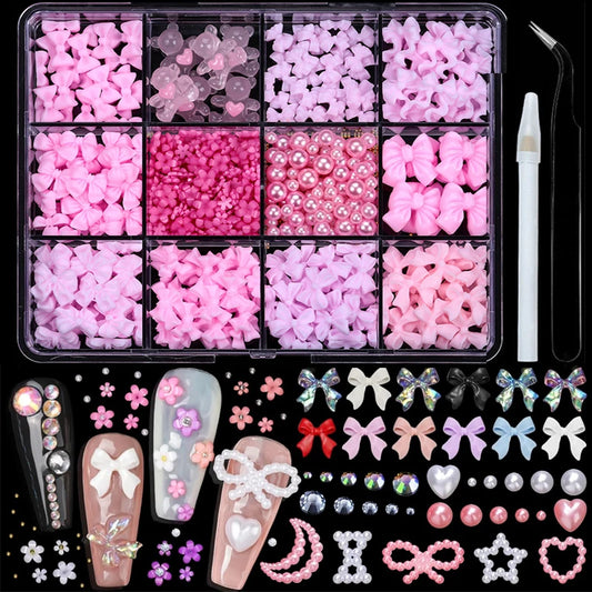 12Grids/box Mixed Resin Bowknot Bow Colorful 3D Nail Art Decorations Charms Studs Jewelry For Acrylic Nails DIY Manicure Tips