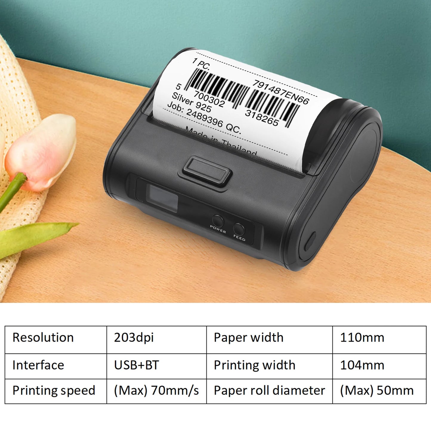 Wireless Thermal Receipt Printer 4-inch 110mm Portable Mobile Printer 203dpi Print BT USB Connect for Small Business Market