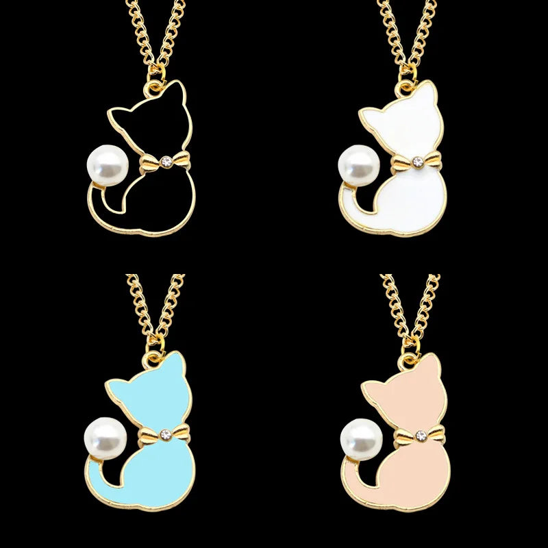 Cute Cat Pendant Necklace Animal Choker Rhinestone for Girl Pearl Cat Necklace Jewelry Trendy Accessories Birthday Gifts