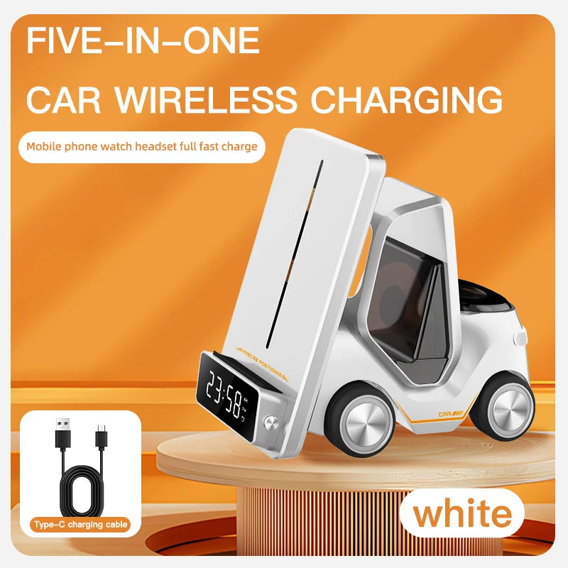 Wireless Charger 4 in 1 Forklift Design Fast Charging Dock with Alarm Clock Time For iPhone/iWatch/AirPods Pro