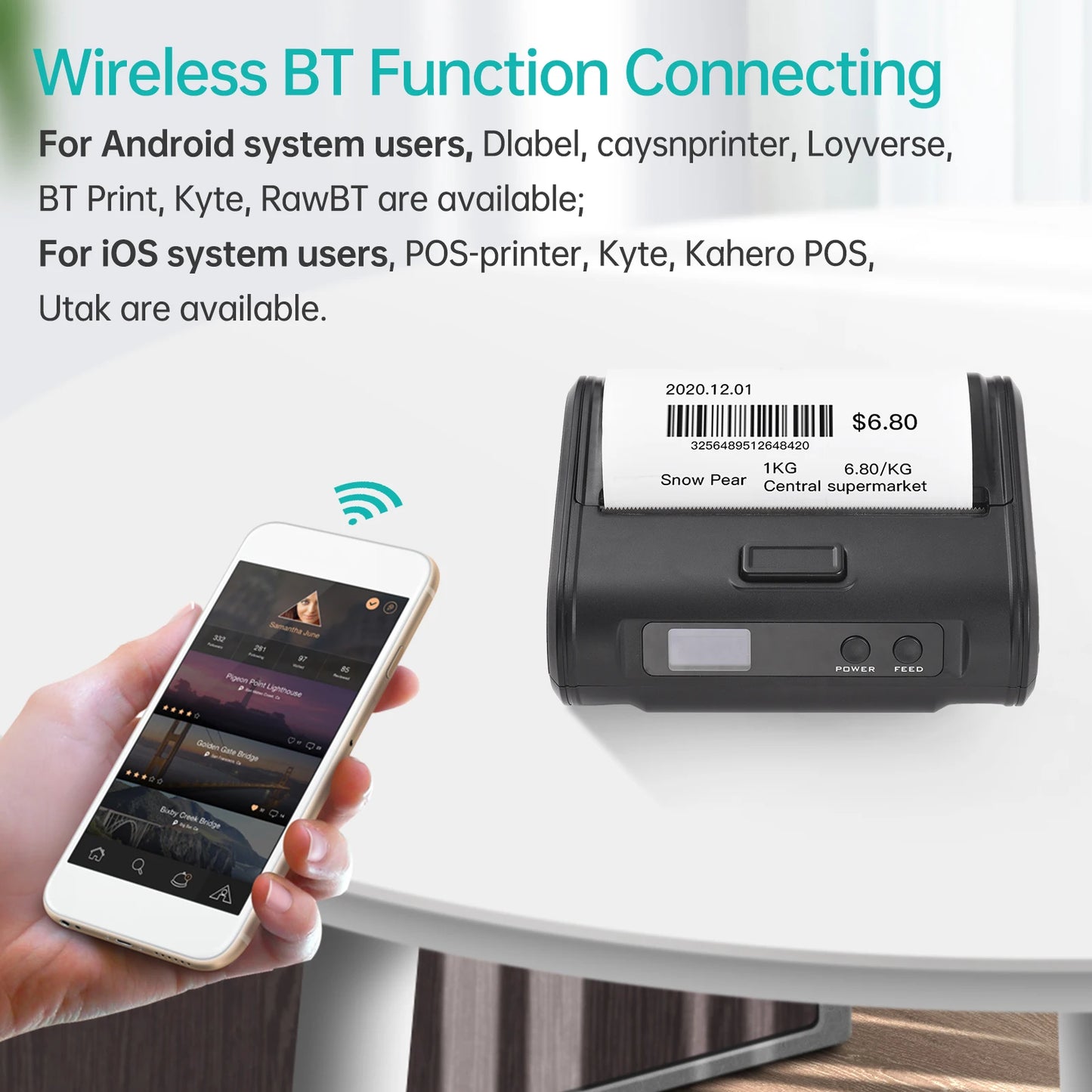 Wireless Thermal Receipt Printer 4-inch 110mm Portable Mobile Printer 203dpi Print BT USB Connect for Small Business Market