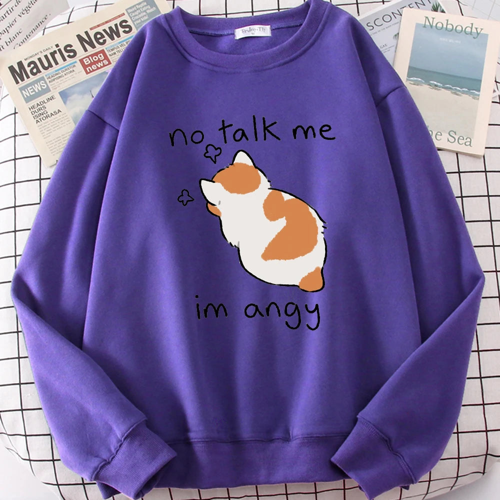 Female Sweatshirts No Talk Me Cute Angy Cat Print Top Women Harajuku Oversize Long-Sleeve Kawaii Animal 2024 New Lady Sweatshirt