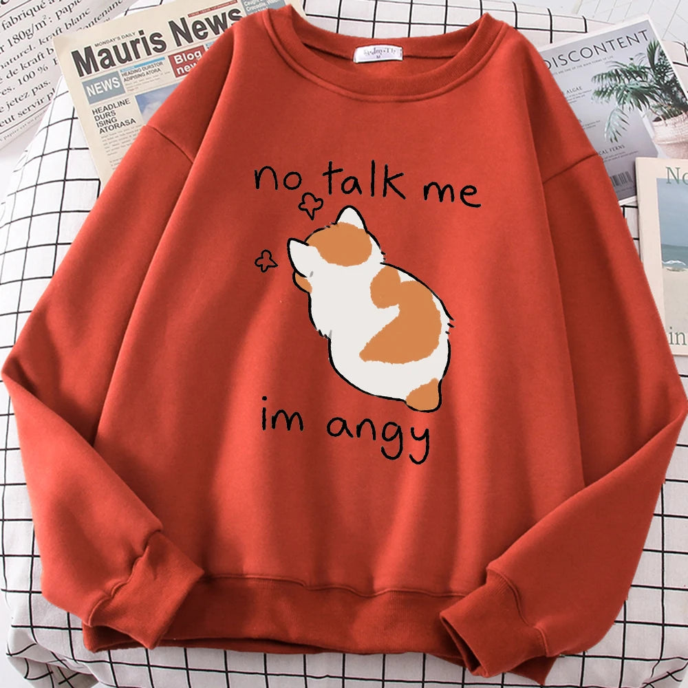 Female Sweatshirts No Talk Me Cute Angy Cat Print Top Women Harajuku Oversize Long-Sleeve Kawaii Animal 2024 New Lady Sweatshirt