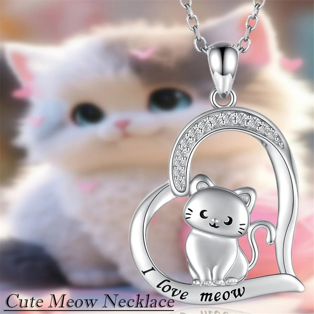 Exquisite Cartoon Heart Shaped Crescent Eye Cat Pendant Necklace for Women Cute Meow Animal Jewelry Accessories Birthday Gift