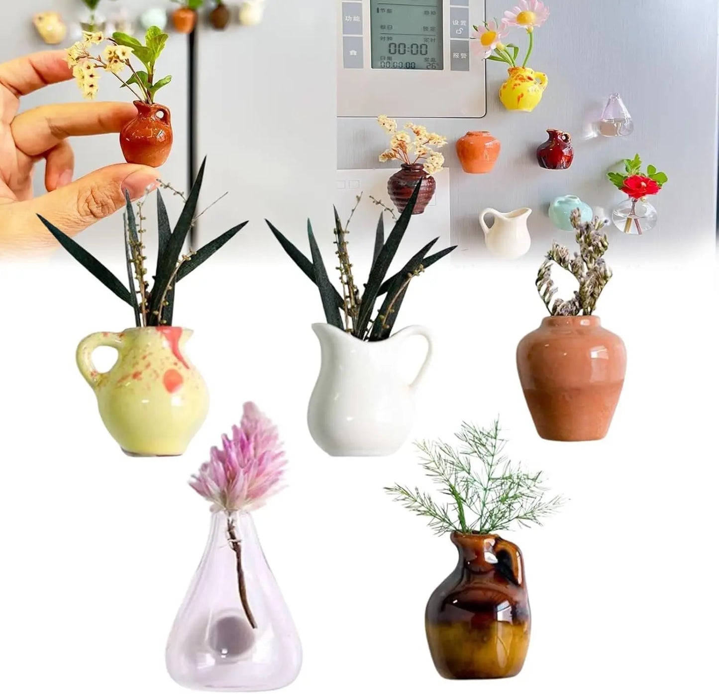 8 Mini Magnetic Vases-for Decorative Small Fridge Magnets Ideal for Kitchens,Offices and Lockers,Vase Decorations(Random Style)