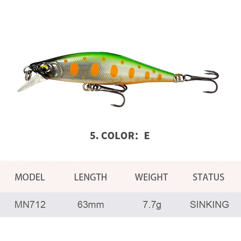 6.3cm 7.7g Fishing Lures Sinking Minnow Wobbler Long Casting Artificial Hard Bait Jerkbait Fishing Accessories Trout Bass MN712