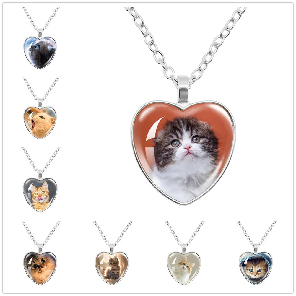Fashion Accessories Cute Cats Patten Heart Shaped Glass Pendant Necklace Cute Animal Alloy Necklace Charms Jewelry Gifts