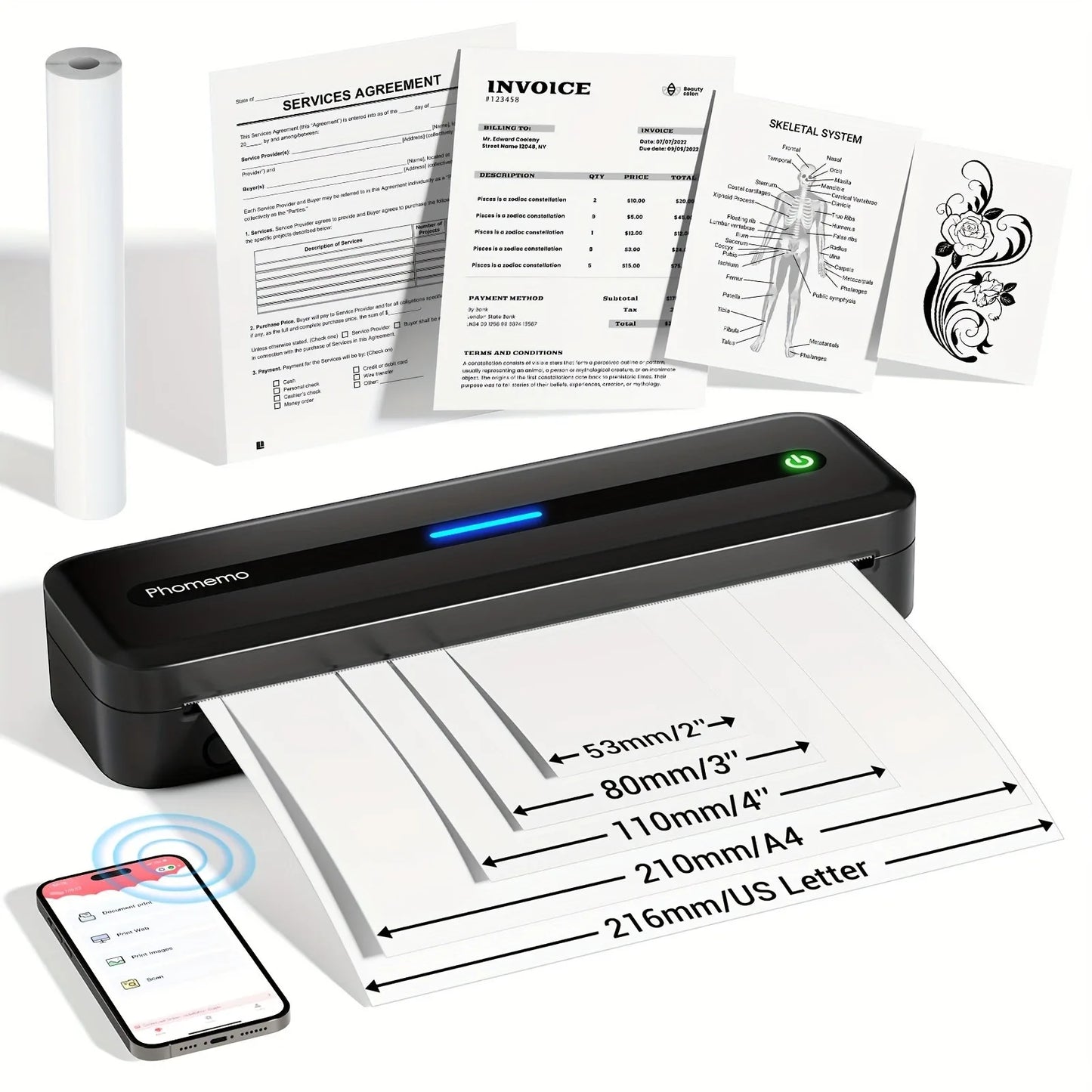 Portable Printers Wireless for Thermal Printer Bluetooth Inkless Printer Compatible with Phone and Laptop for Home Office,School