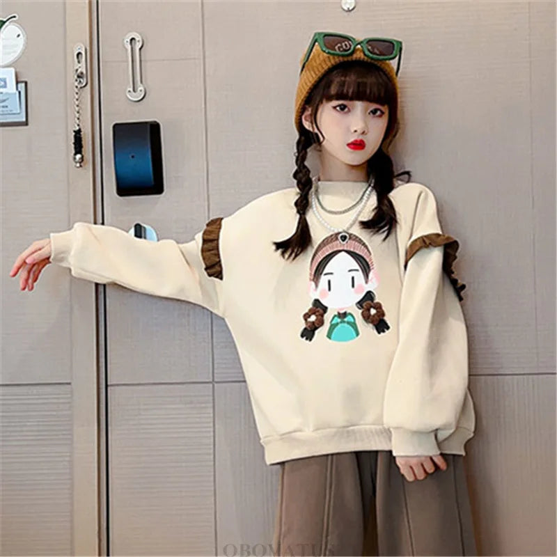 New Sweatshirt for Kids Girl Spring Fashion Ruffle Long Sleeve Tops Girl Cartoon Pattern Clothes Teenage Child Casual Streetwear