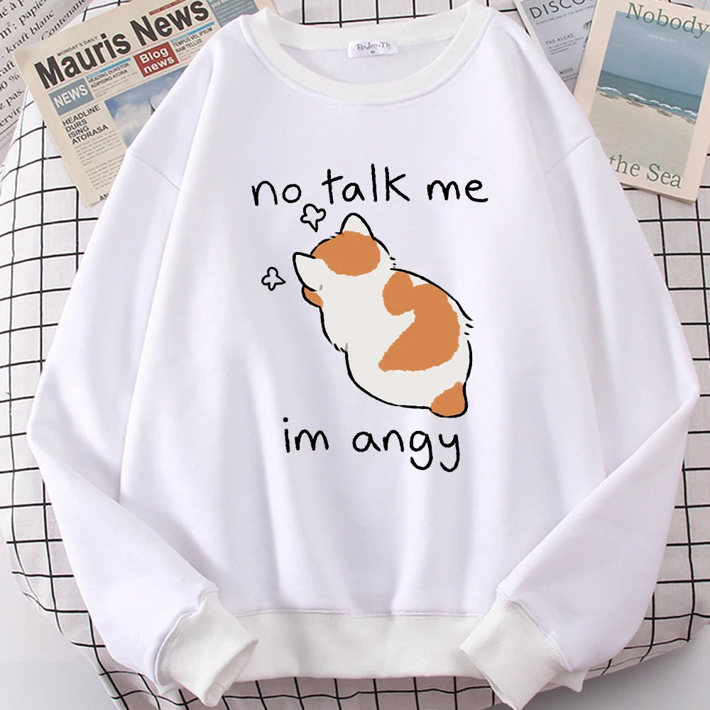Female Sweatshirts No Talk Me Cute Angy Cat Print Top Women Harajuku Oversize Long-Sleeve Kawaii Animal 2024 New Lady Sweatshirt