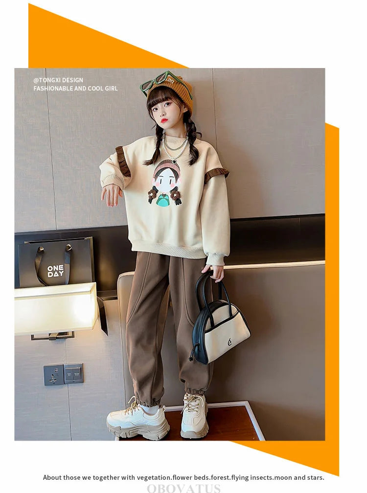 New Sweatshirt for Kids Girl Spring Fashion Ruffle Long Sleeve Tops Girl Cartoon Pattern Clothes Teenage Child Casual Streetwear