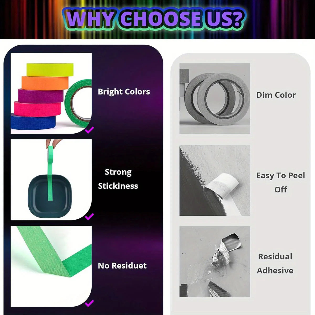 6-Pack Neon Fluorescent Tape Set 6 Vibrant Colors Uv Reactive For Black Light Parties & Crafts