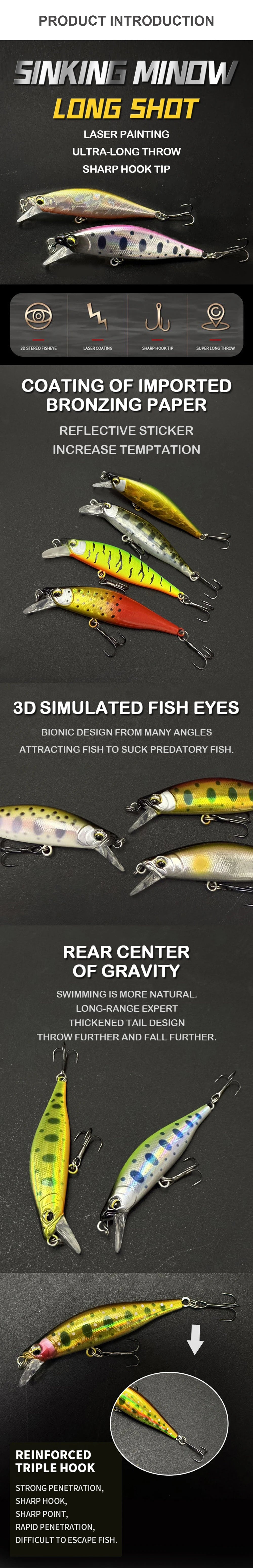 6.3cm 7.7g Fishing Lures Sinking Minnow Wobbler Long Casting Artificial Hard Bait Jerkbait Fishing Accessories Trout Bass MN712