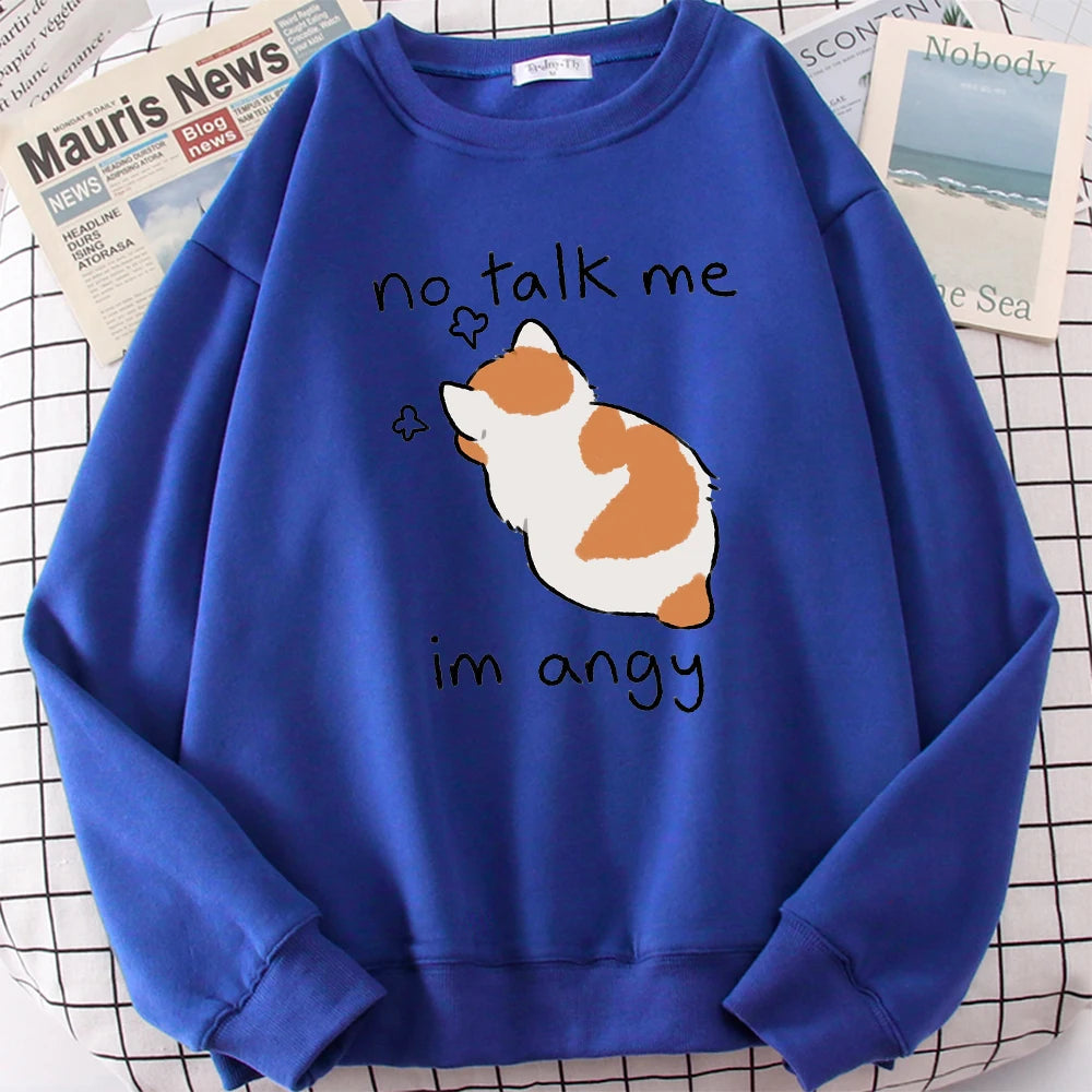 Female Sweatshirts No Talk Me Cute Angy Cat Print Top Women Harajuku Oversize Long-Sleeve Kawaii Animal 2024 New Lady Sweatshirt
