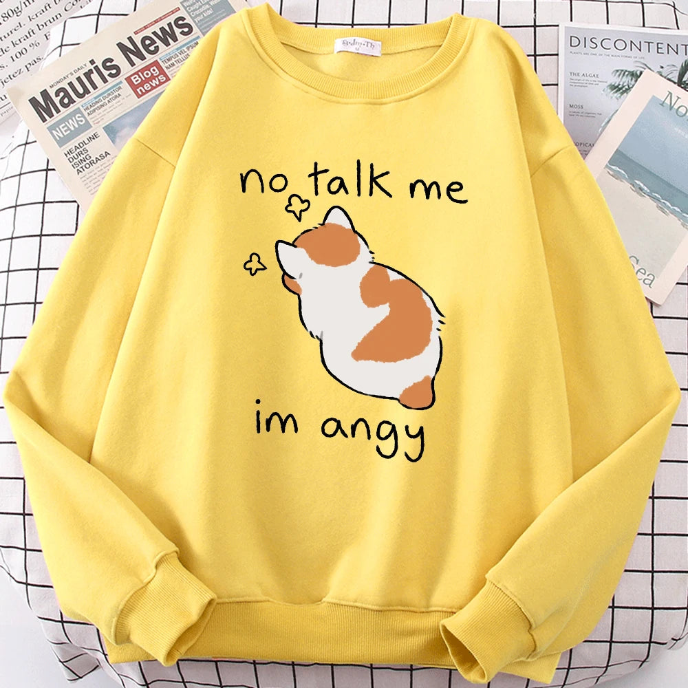 Female Sweatshirts No Talk Me Cute Angy Cat Print Top Women Harajuku Oversize Long-Sleeve Kawaii Animal 2024 New Lady Sweatshirt