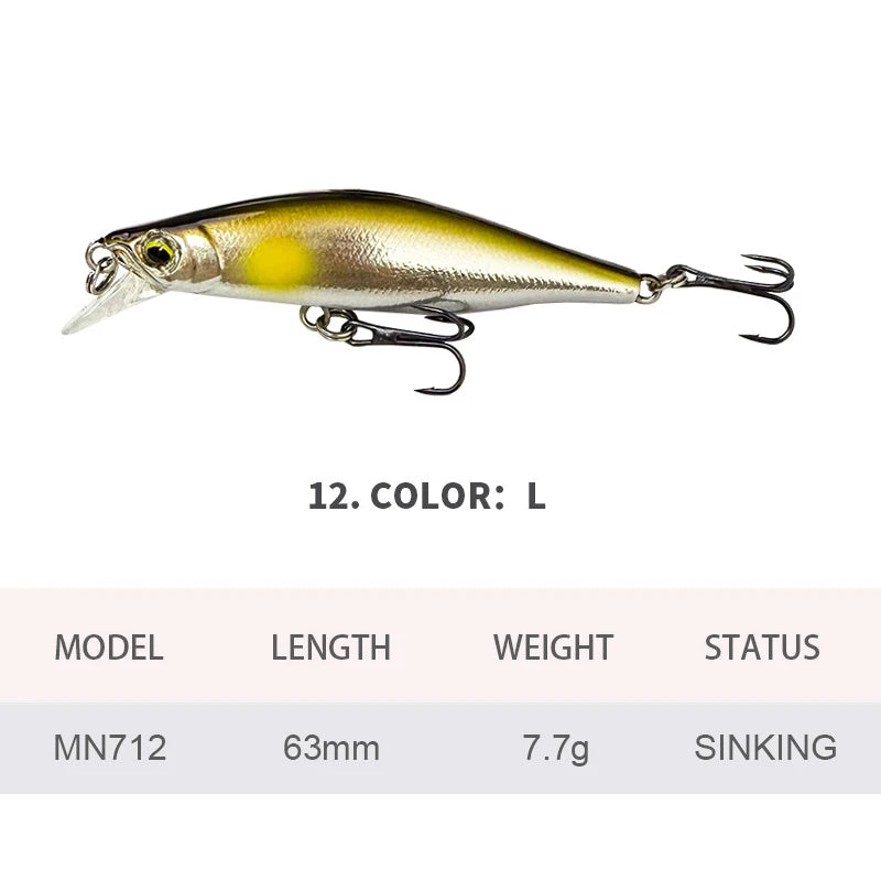 6.3cm 7.7g Fishing Lures Sinking Minnow Wobbler Long Casting Artificial Hard Bait Jerkbait Fishing Accessories Trout Bass MN712