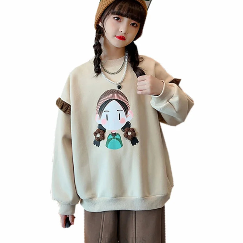 New Sweatshirt for Kids Girl Spring Fashion Ruffle Long Sleeve Tops Girl Cartoon Pattern Clothes Teenage Child Casual Streetwear