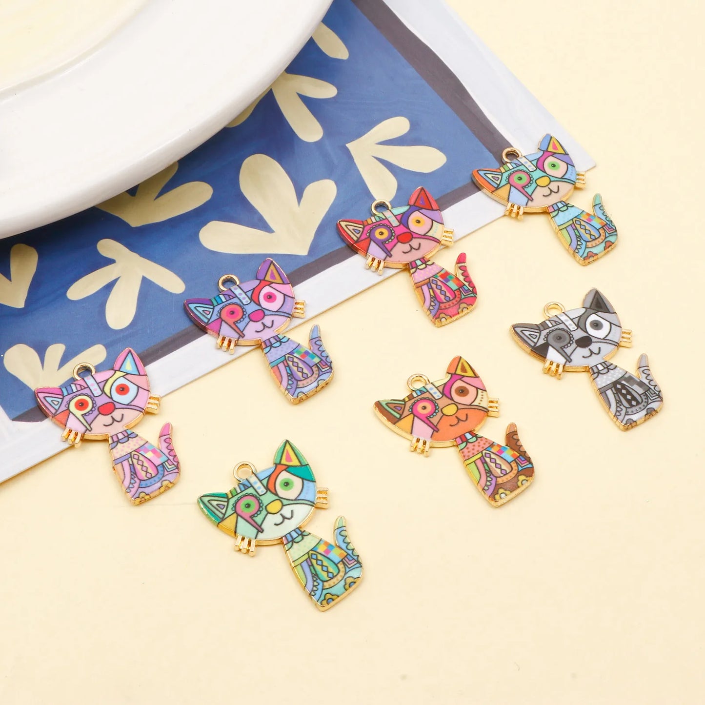 10 PCs Cute Cat Animal Charms Enamel Pendants For DIY Earrings Bracelets Necklaces Jewelry Making Craft Accessories 3cm x 2cm