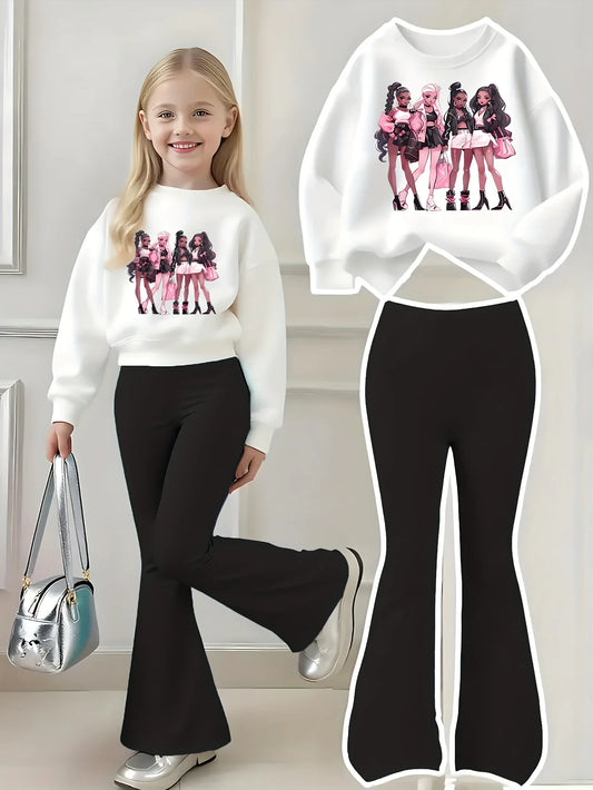 Girls' Sweatshirt and Bell-Bottom Pants Set with Cartoon Prints of Girl Groups, Y2K Trendy Cool Round-Neck Sweatshirt and Black Bell-Bottom Pants Set, Suitable for Girls to Wear in All Seasons, for Home Leisure and Going Out,