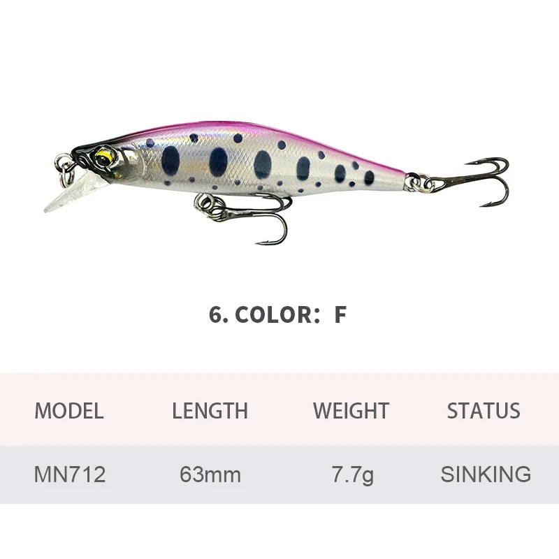 6.3cm 7.7g Fishing Lures Sinking Minnow Wobbler Long Casting Artificial Hard Bait Jerkbait Fishing Accessories Trout Bass MN712
