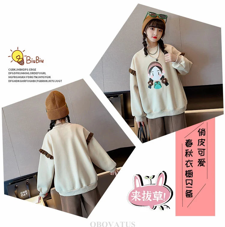 New Sweatshirt for Kids Girl Spring Fashion Ruffle Long Sleeve Tops Girl Cartoon Pattern Clothes Teenage Child Casual Streetwear