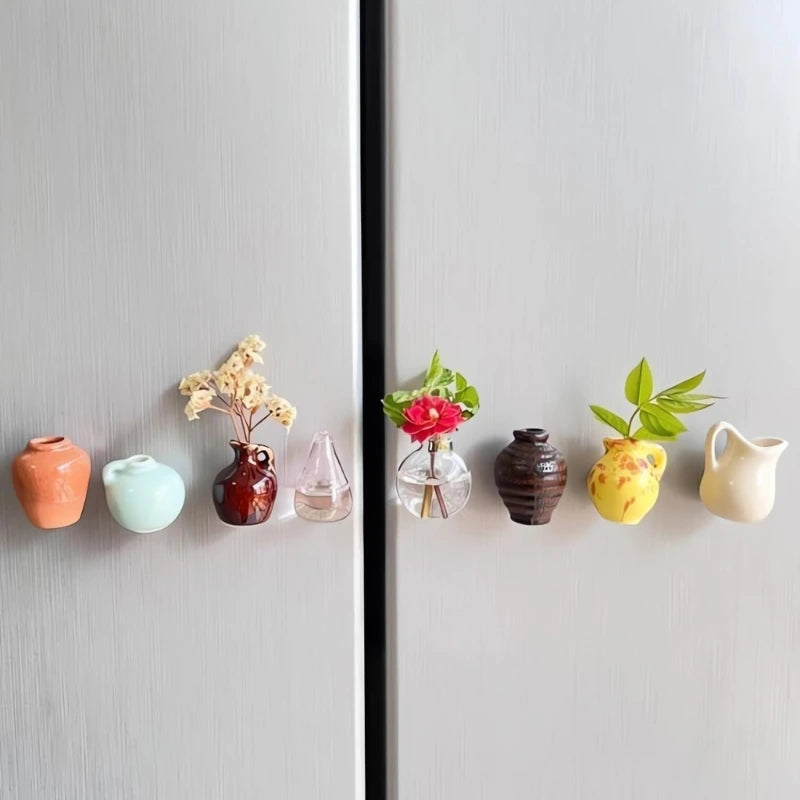 8Pcs (no plant) Mini Ceramics Vases Magnets Strong Magnetic Hold Buds Vases Magnets for Fridge Decoration and Office Use