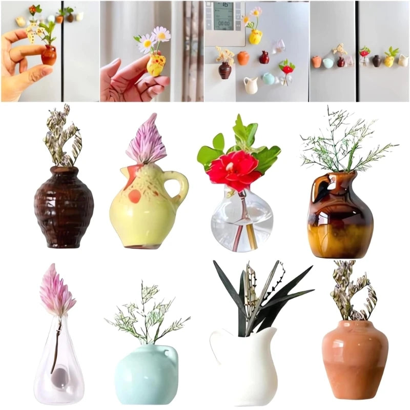 8Pcs (no plant) Mini Ceramics Vases Magnets Strong Magnetic Hold Buds Vases Magnets for Fridge Decoration and Office Use