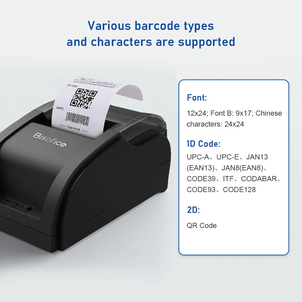 Wireless Barcode Printer USB BT Printer 58mm Desktop Thermal Receipt Printer with 1 Roll Paper Inside Support ESC Command