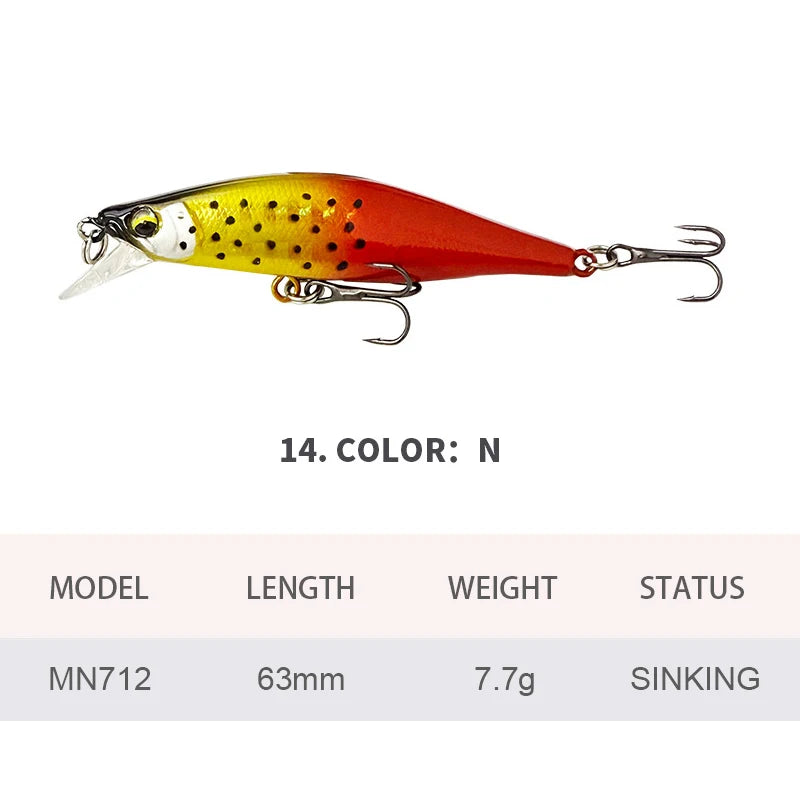 6.3cm 7.7g Fishing Lures Sinking Minnow Wobbler Long Casting Artificial Hard Bait Jerkbait Fishing Accessories Trout Bass MN712