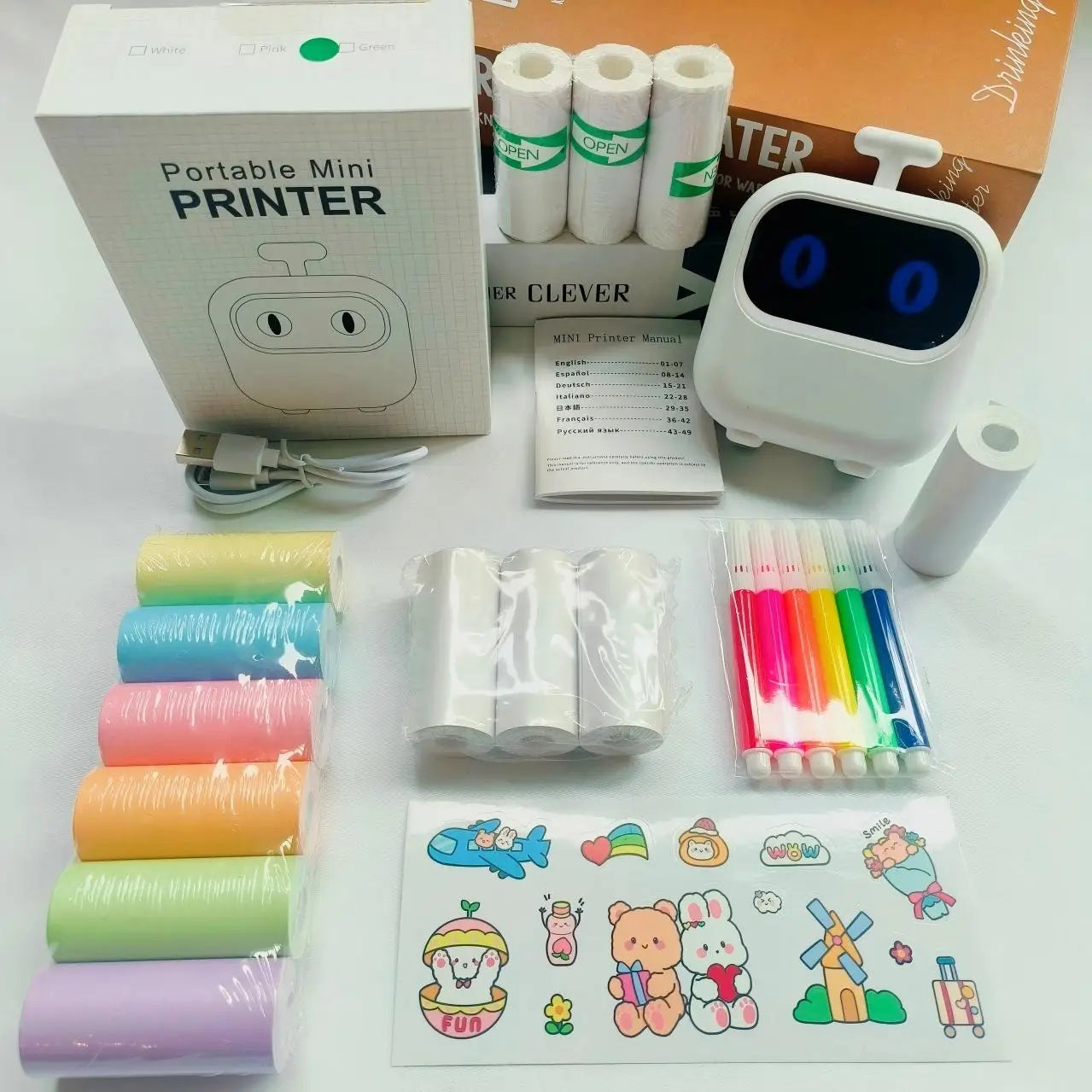 Wireless Mini Printer Set with 6 Color Thermal Papers, 3 Sticker Rolls, 3 Receipt Papers, 6 Pens & Sticker Sheet - Portable Labe