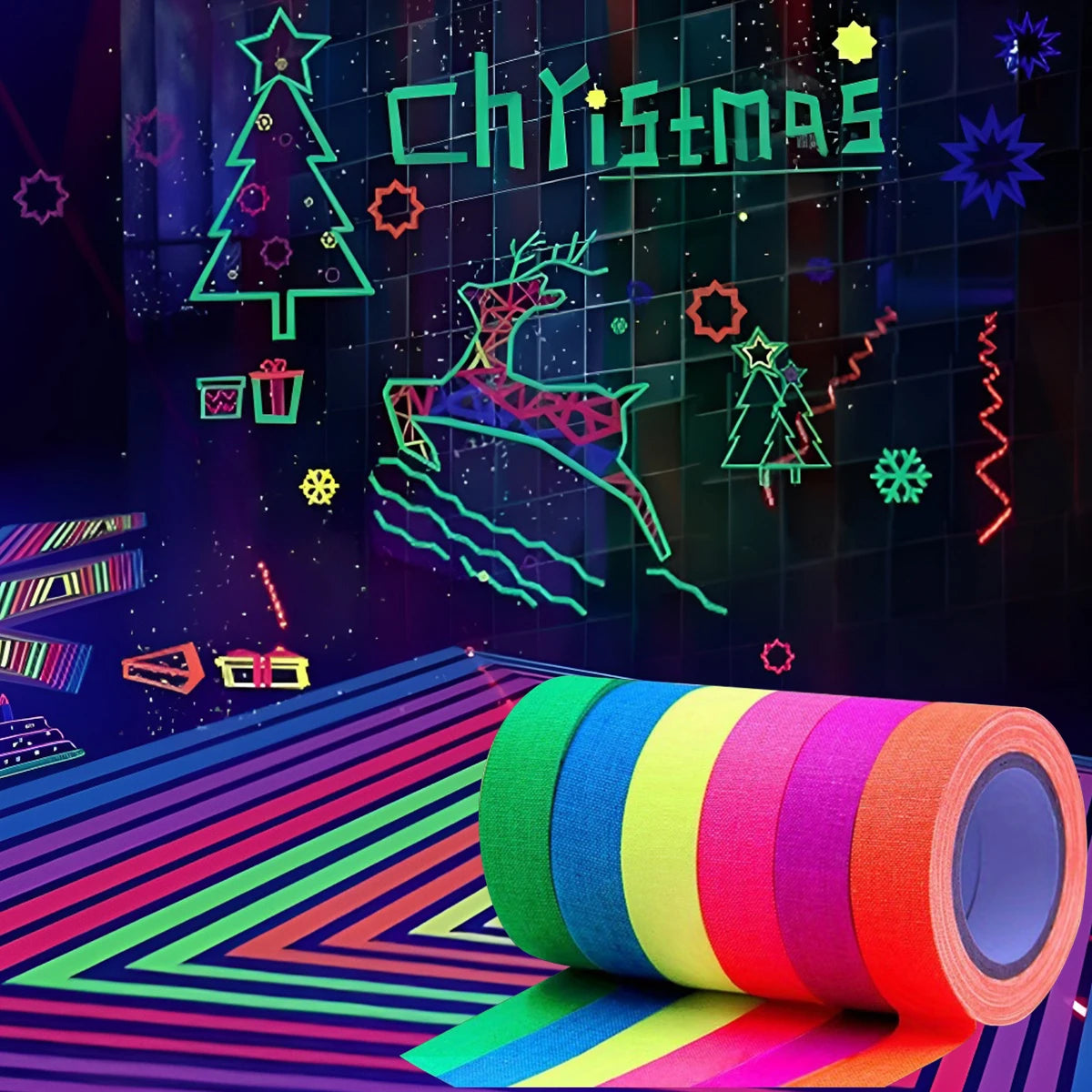 6-Pack Neon Fluorescent Tape Set 6 Vibrant Colors Uv Reactive For Black Light Parties & Crafts